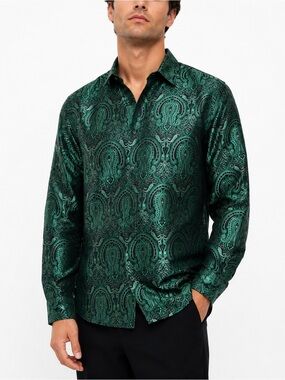 DiBanGu NWT 80% Silk Emerald Green Paisley Dress Shirt Men’s S
